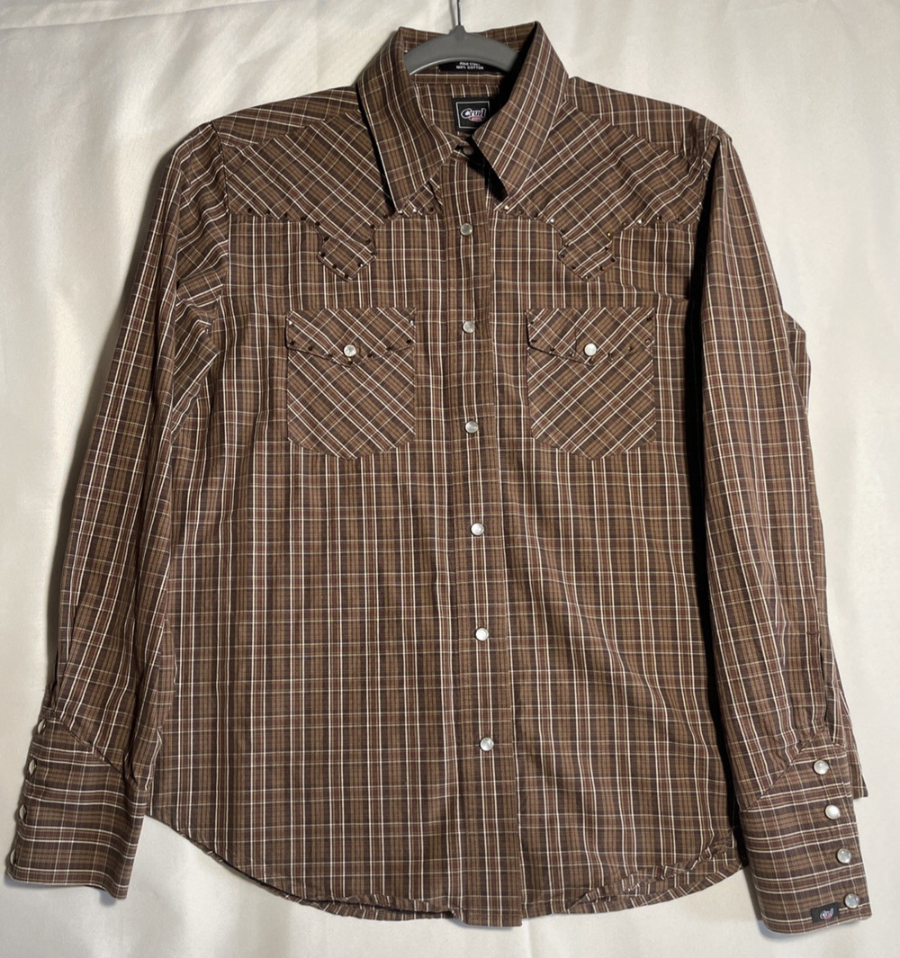 Cruel Girl Brown/White Plaid Long Sleeve Snap Button Cowboy Western Shirt Medium